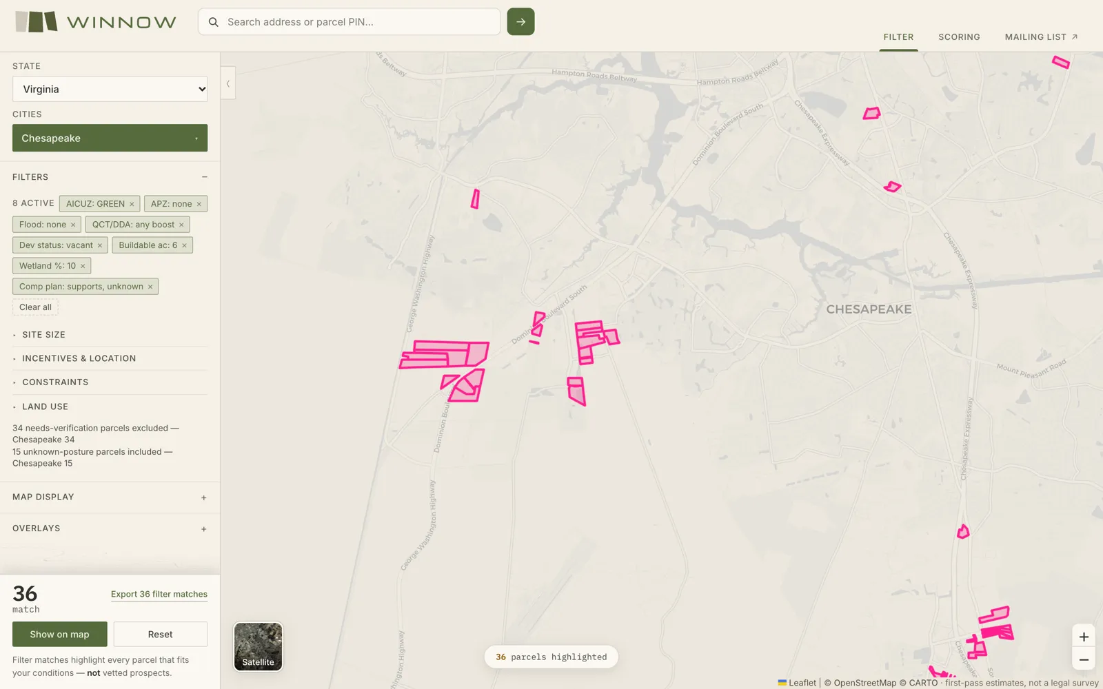 The Winnow app: eight criteria applied in the filter rail, and the parcels that meet all of them highlighted on the map